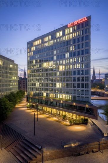Aerial view of the Spiegel building at Ericusspitze in Hamburg's HafenCity in the Brooktorkai neighbourhood at blue hour, Hamburg, Germany