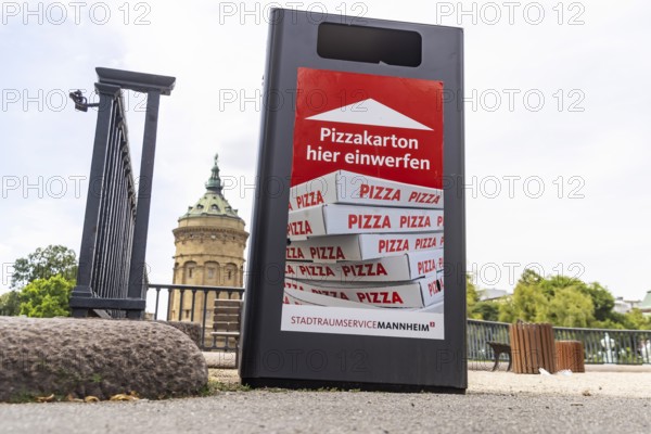 Waste bin specially designed for recycling pizza packaging. Mannheim, Baden-Württemberg, Germany