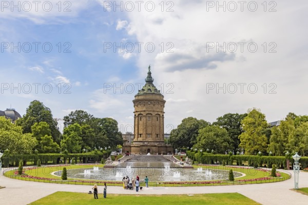 City view, historic water tower with fountain, landmark of Mannheim, Baden-Württemberg, Germany