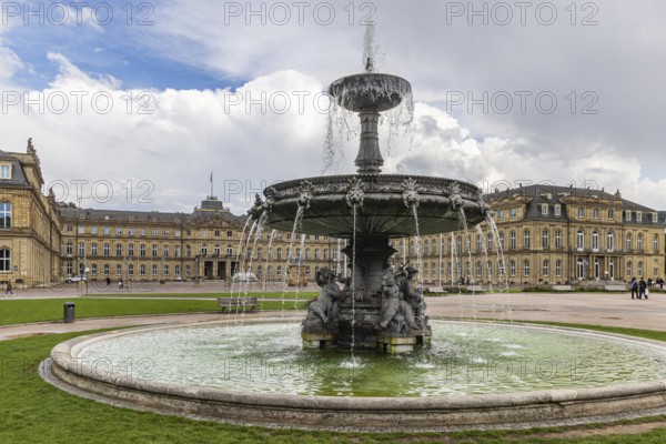 New Palace with Palace Square and fountain. City view of Stuttgart, Baden-Württemberg, Germany