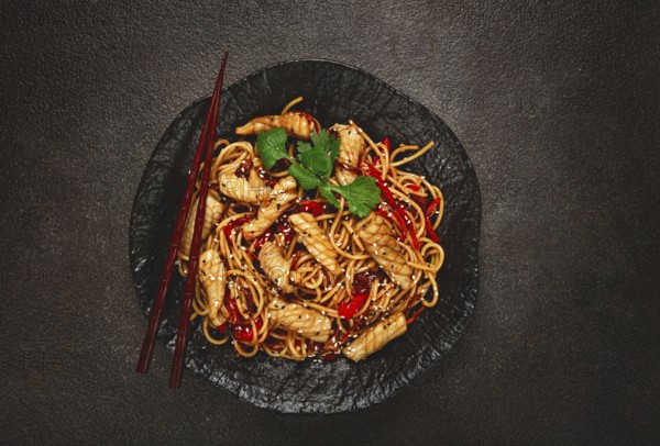 Udon noodles, with squid and vegetables, on a black plate, homemade, no people