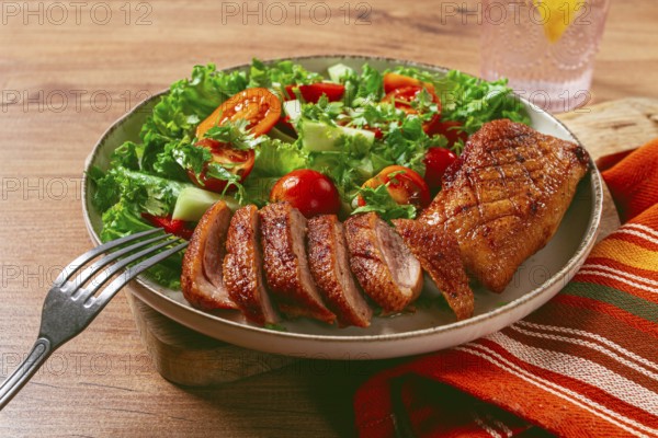 Delicious grilled duck breast served with fresh garden salad and cherry tomatoes at a rustic dining table