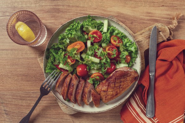 Delicious grilled duck breast served with fresh garden salad and cherry tomatoes at a rustic dining table