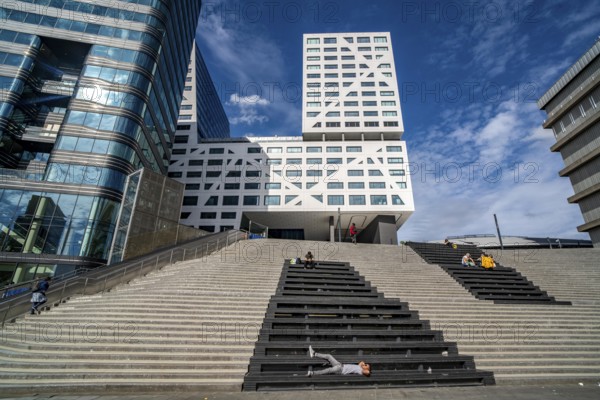Skyline at Jaarbeursplein at Utrecht Centraal railway station, Stadskantoor building, municipal administration building for citizens, citizens' office, administrative services, municipal administration, office building to the left, World trade Centre, WTC building, stairs to station square, Utrecht Netherlands