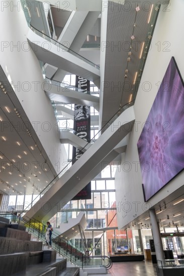 The Forum Groningen, public cultural and educational centre on the Nieuwe Markt, in the old town, with cinema, library, media labs, catering, roof terrace, study and reading areas, viewing points, 10 floors, connected by many escalators, Netherlands