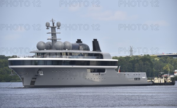 The new superyacht COSMOS leaves the Lürssen shipyard near Rendsburg for the Kiel Canal, Kielkanal, Kiel Canal, Schleswig-Holstein, Germany