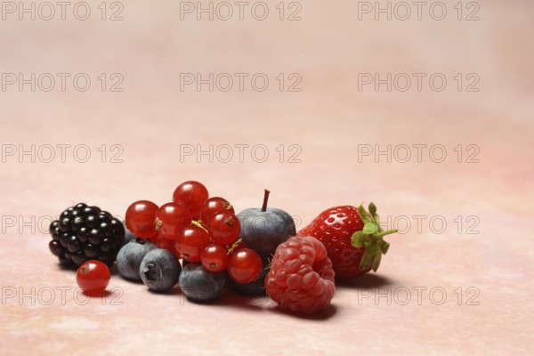 Various fruits, redcurrant, strawberry, blueberry, blackberry, raspberry