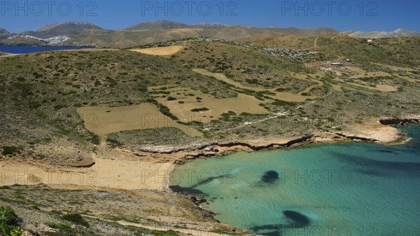 Bay of Vai, coastal landscape with turquoise water and overgrown hills under a clear sky, Analipsi, Maltezana, Astypalea, Astipalea, Astipaleia, Dodecanese, Greek Islands, Greece