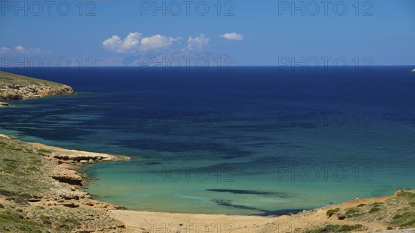 Bay of Vai, Secluded beach with turquoise blue water and rocky coastline, Analipsi, Maltezana, Astypalea, Astipalea, Astipaleia, Dodecanese, Greek Islands, Greece