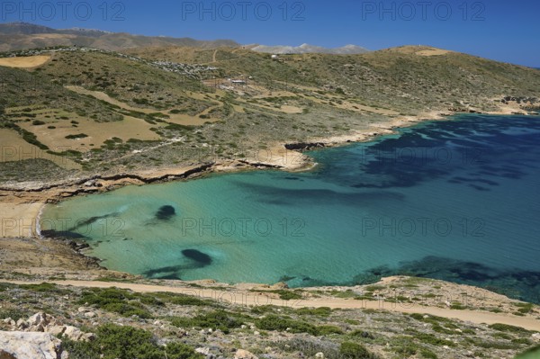 Bay of Vai, Clear turquoise waters meet a secluded sandy beach, Analipsi, Maltezana, Astypalea, Astipalea, Astipaleia, Dodecanese, Greek Islands, Greece