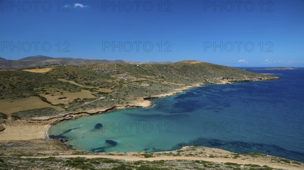 Bay of Vai, coast with crystal blue water, surrounded by hilly landscape under a clear sky, Analipsi, Maltezana, Astypalea, Astipalea, Astipaleia, Dodecanese, Greek Islands, Greece