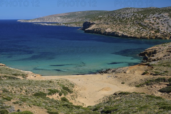 Bay of Vai, A small bay with clear blue water and sandy beach, Analipsi, Maltezana, Astypalea, Astipalea, Astipaleia, Dodecanese, Greek Islands, Greece