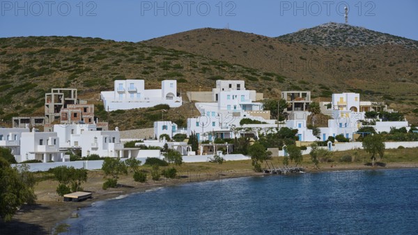 Whitewashed houses on a hill with sea view and blue sky, Analipsi, Maltezana, Astypalea, Astipalea, Astipaleia, Dodecanese, Greek Islands, Greece