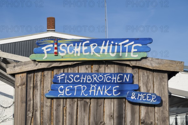 Sign Fischerhütte, restaurant, outer harbour, Husum, North Frisia, North Sea, Schleswig-Holstein, Germany