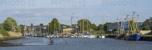 Fishing boats in the cutter harbour, outer harbour, panorama format, Husum, North Frisia, North Sea, Schleswig-Holstein, Germany