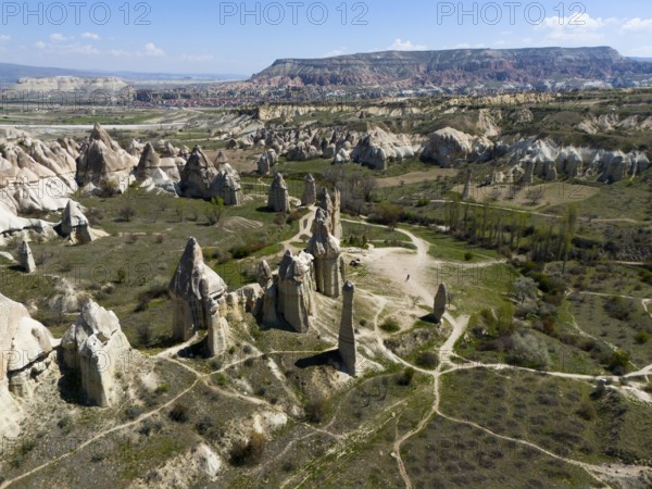 Wide valleys and impressive rock formations stretch out in Cappadocia, aerial view, Love Valley, Göreme National Park, Göreme Tarihî Millî Parki, Nevsehir Province, Nevsehir, Cappadocia, Cappadocia, Cappadocia, Cappadocia, Central Anatolia, Turkey