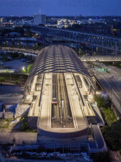 Aerial view of the Hamburg Elbbrücken U4 underground and S-Bahn station at blue hour, Hamburg, Germany