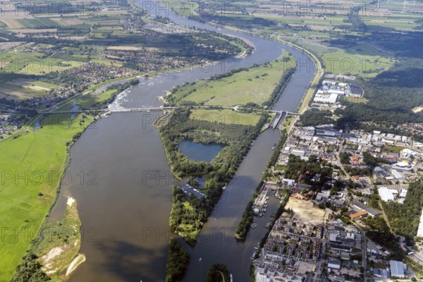 Geesthacht Elbe weir and lock Elbe island with FFH area, Elbe bridge with barrage, Elbe bridge, barrage, barrage, water regulation, lock, Elbe, federal road, aerial view, Geesthacht, Schleswig-Holstein, FFH area, fauna-flora-habitat area, protected area, nature and landscape conservation