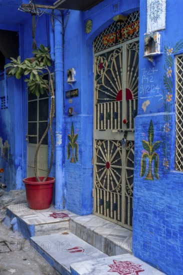 Entrance of a blue house, Blue City, Gulab Sagar, Jodhpur, Rajasthan, India