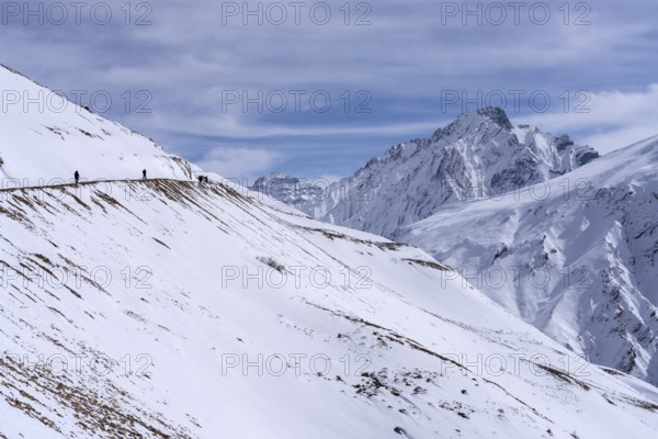 People walking through the snow, in the high mountains, Himalayas, Spitital, Kaza, Himachal Pradesh, India