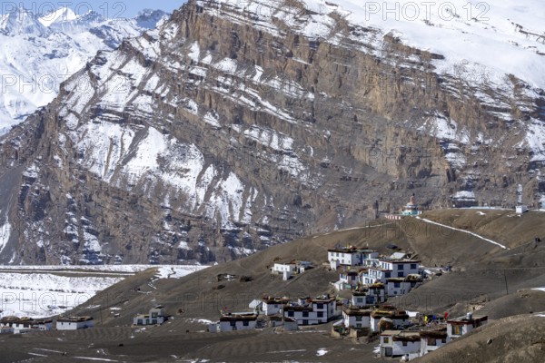 Langza, with snow-capped mountains in the background, Himalayas, Spitital, Kaza, Himachal Pradesh, India