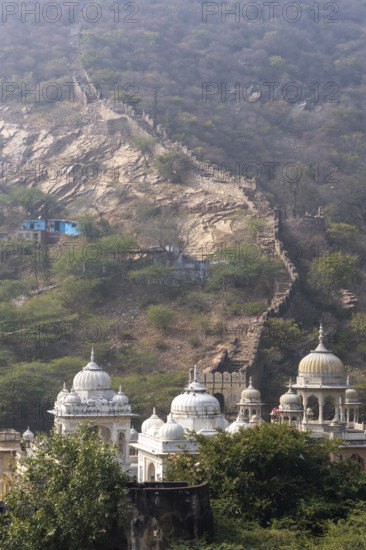 View of the royal crematorium Gaitore Ki Chhatriyan, Brahmanpuri, Jaipur, Rajasthan, India