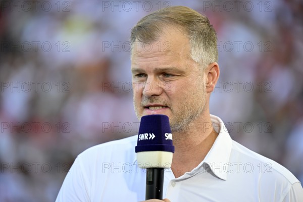 Board Member for Sport Fabian Wohlgemuth VfB Stuttgart Portrait in interview Microphone Microphone Logo SWP MHPArena, MHP Arena Stuttgart, Baden-Württemberg, Germany