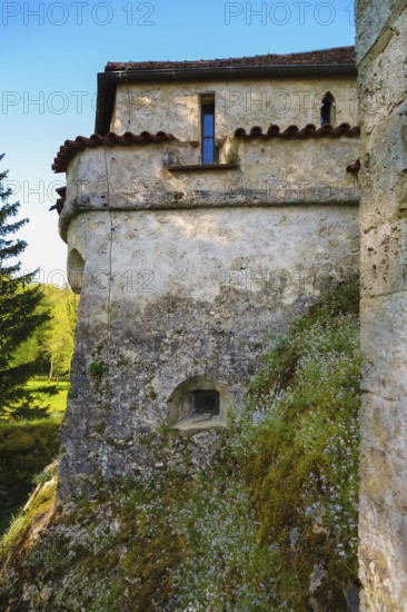 Lichtenstein Castle, fairytale castle of Württemberg, romantic fairytale castle on the eaves of the Swabian Alb, historicism, architecture, new building 1840-1842, according to plans by architect Carl Alexander Heideloff, 19th century, Honau, municipality of Lichtenstein, Baden-Württemberg, Germany
