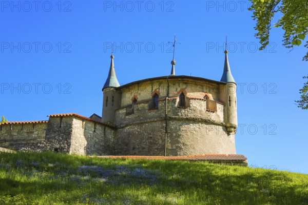 Augustenturm, cannon tower, Lichtenstein Castle, fairytale castle of Württemberg, romantic fairytale castle on the eaves of the Swabian Alb, historicism, architecture, new construction 1840-1842, according to plans by the architect Carl Alexander Heideloff, 19th century, Honau, municipality of Lichtenstein, Baden-Württemberg, Germany