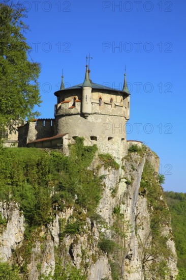 Augustenturm, cannon tower, Lichtenstein Castle, fairytale castle of Württemberg, romantic fairytale castle on the eaves of the Swabian Alb, historicism, architecture, new building 1840-1842, according to plans by architect Carl Alexander Heideloff, 19th century, rock, Honau, municipality of Lichtenstein, Baden-Württemberg, Germany