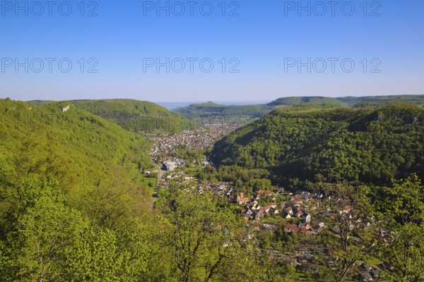 View from Lichtenstein Castle, view of the Echatztal valley, Honau, Unterhausen at the back, mountains, eaves of the Swabian Alb, Honau, municipality of Lichtenstein, Baden-Württemberg, Germany