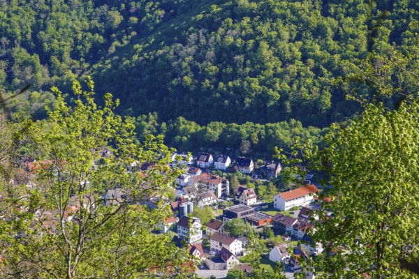 View from Lichtenstein Castle, view of the Echatztal, Honau, eaves of the Swabian Alb, Honau, municipality of Lichtenstein, Baden-Württemberg, Germany