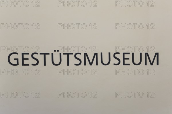 Stud Museum at the Lauterquelle, lettering on the façade, letters, Offenhausen, municipality of Gomadingen, Swabian Alb, Baden-Württemberg, Germany