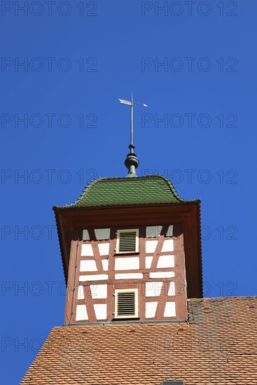 Stud Museum at the Lauterquelle, building, architecture, excursion destinations, small tower, half-timbered, roof, roof shingles, Offenhausen, municipality of Gomadingen, Swabian Alb, Baden-Württemberg, Germany