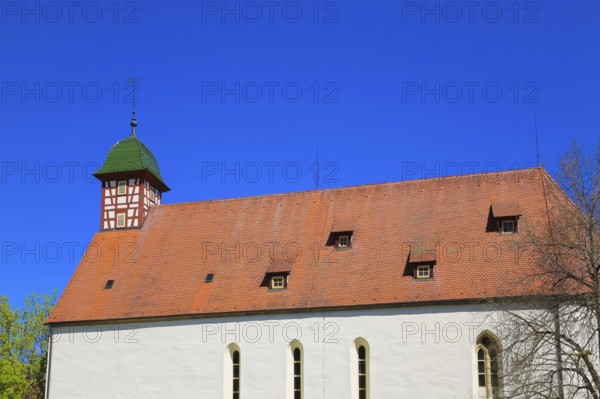 Stud Museum at the Lauterquelle, building, architecture, excursion destinations, small tower, half-timbered, roof, roof shingles, Offenhausen, municipality of Gomadingen, Swabian Alb, Baden-Württemberg, Germany