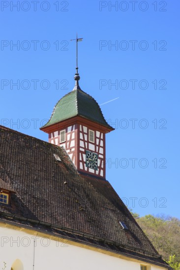 Stud museum at the Lauterquelle, building, architecture, excursion destinations, small tower, half-timbered, clock, roof, roof shingles, Offenhausen, municipality of Gomadingen, Swabian Alb, Baden-Württemberg, Germany