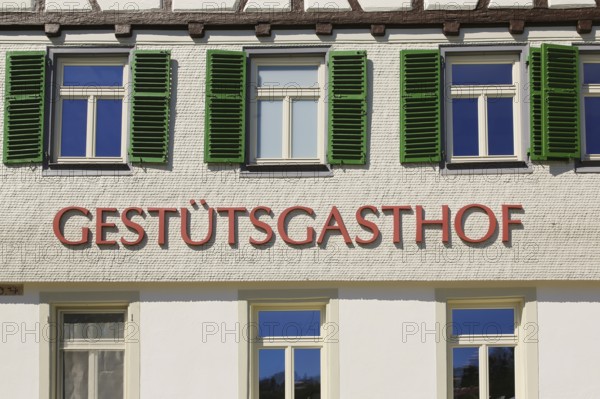 Gestütsgasthof near the stud farm and the Lauterquelle, catering, restaurant, building, half-timbered, lettering, green shutters, Offenhausen, municipality of Gomadingen, Swabian Alb, Baden-Württemberg, Germany