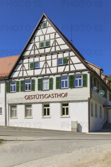 Gestütsgasthof near the stud farm and the Lauterquelle, catering, restaurant, building, half-timbered, lettering, green shutters, Offenhausen, municipality of Gomadingen, Swabian Alb, Baden-Württemberg, Germany