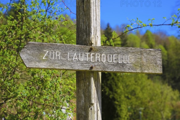 Signpost to the Lauter spring, Große Lauter, karst spring pot, park, idyll, Offenhausen, municipality of Gomadingen, Swabian Alb, Baden-Württemberg, Germany