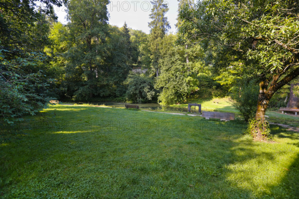Lauter spring, Große Lauter, karst spring pot, park, idyll, lawn, benches, trees, Offenhausen, municipality of Gomadingen, Swabian Alb, Baden-Württemberg, Germany
