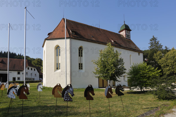 Stud museum at the Lauterquelle, building, architecture, excursion destinations, small tower, half-timbered, clock, roof, roof shingles, Offenhausen, municipality of Gomadingen, Swabian Alb, Baden-Württemberg, Germany