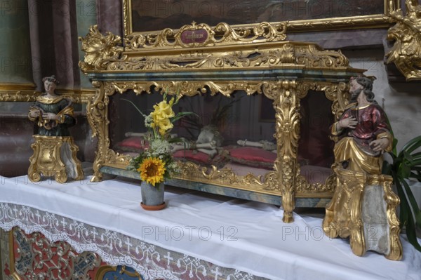 Reliquary sarcophagus of St Lucianus, catacomb saint, Abbey Church of the Assumption of the Virgin Mary, Rohr, Lower Bavaria, Germany