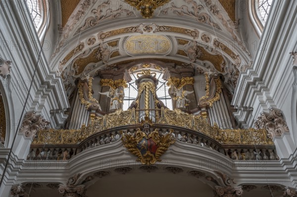 Organ loft, the organ is from 1725, Abbey Church of the Assumption of the Virgin Mary, Rohr, Lower Bavaria, Germany
