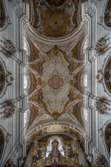 Organ and vaulted ceiling of the Abbey Church of the Assumption of the Virgin Mary, created by the Asam brothers between 1717 and 1723, Rohr, Lower Bavaria, Germany