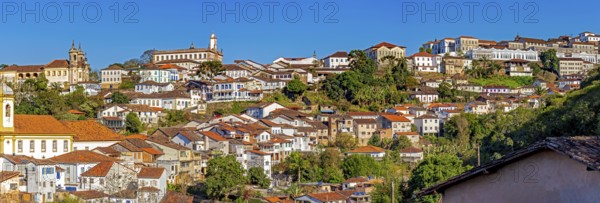 Panoramic view of the historic city of Ouro Preto with its houses and churches, Ouro Preto, Minas Gerais, Brazil