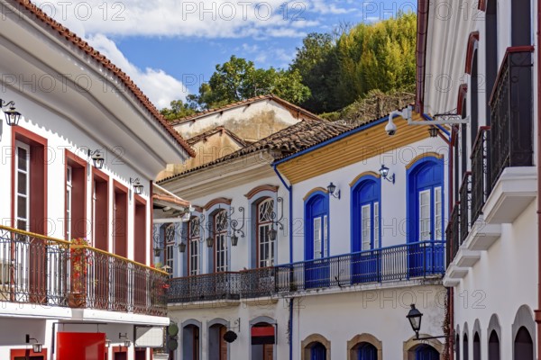 Old colonial houses and their balconies in the historic city of Ouro Preto in Minas Gerais, Ouro Preto, Minas Gerais, Brazil