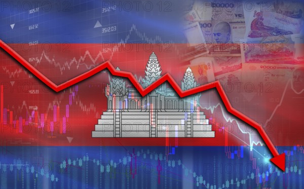 Cambodia financial fall on economy market. Cambodia financial crisis on economic graph