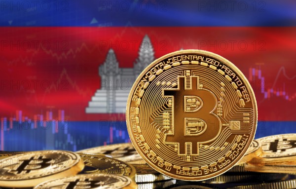 Investors in cryptocurrency and Blockchain Technology in Cambodia, Concept. Bitcoin with Cambodia flag in the background