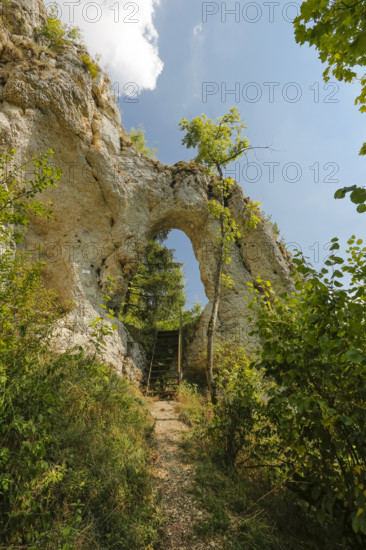 Teufelstorffelsen, Jura rock, gate-like breakthrough, stairs, natural monument between Gammertingen and Hettingen, Zollernalbkreis, Swabian Alb, Baden-Württemberg, Germany