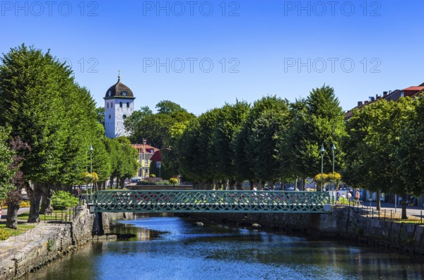 The town church of Uddevalla (Uddevalla kyrka) on the river Bävean, picturesque view of the town of Uddevalla, Bohuslän, Västra Götalands län, Sweden